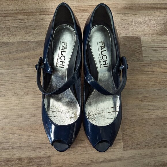 Vintage Blue Falchi Peep Toe Patent Mary Jane Strap Kitten Heels - Picture 2 of 10